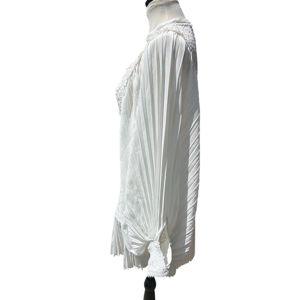 White Chiffon Crochet Mini Dress Sz M Exaggerated Balloon Sleeve Pleated Whimsy - Picture 3 of 13